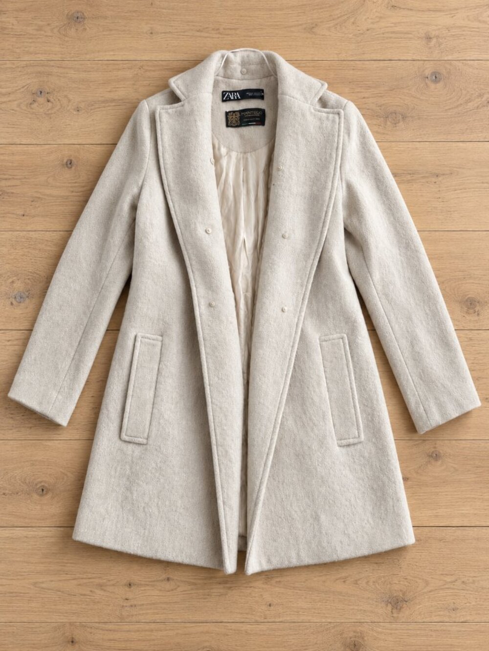 Zara Manteco Italian Wool Blend Textured Longline Coat Cream XS